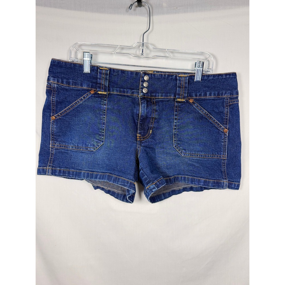 Old Navy Women Denim Shorts 12 Blue Ultra Low Waist Y2K Flap Pocket Stretch 00s